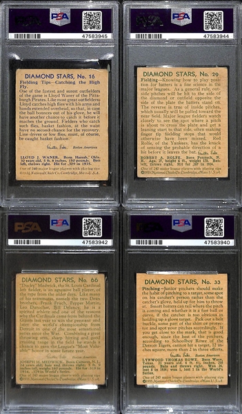 Lot of (4) Graded 1935 Diamond Stars - Lloyd Waner, Red Rolfe, Ducky Medwick, Schoolboy Rowe