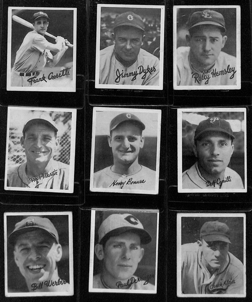 Lot of (9) 1936 Goudey R322 Cards with Crosetti, Dykes, Klein, Werber, Derringer, Bonura, Pepper Martin, Hemsley, Camilli. 