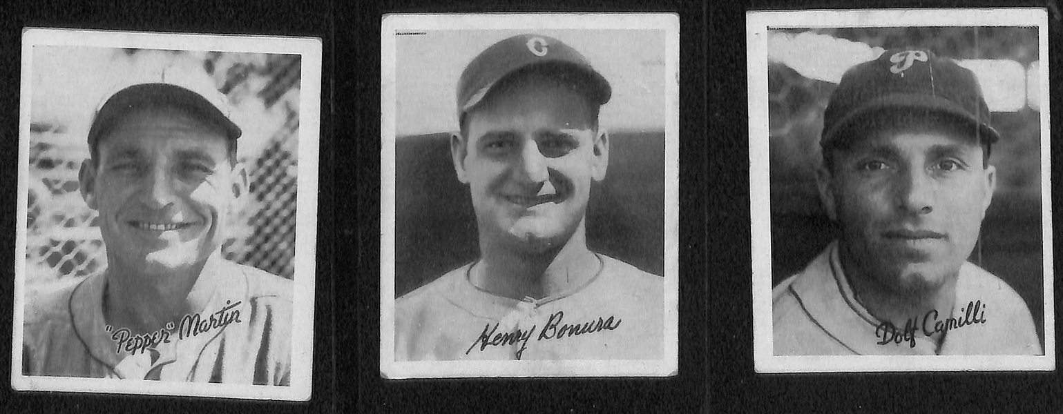 Lot of (9) 1936 Goudey R322 Cards with Crosetti, Dykes, Klein, Werber, Derringer, Bonura, Pepper Martin, Hemsley, Camilli. 