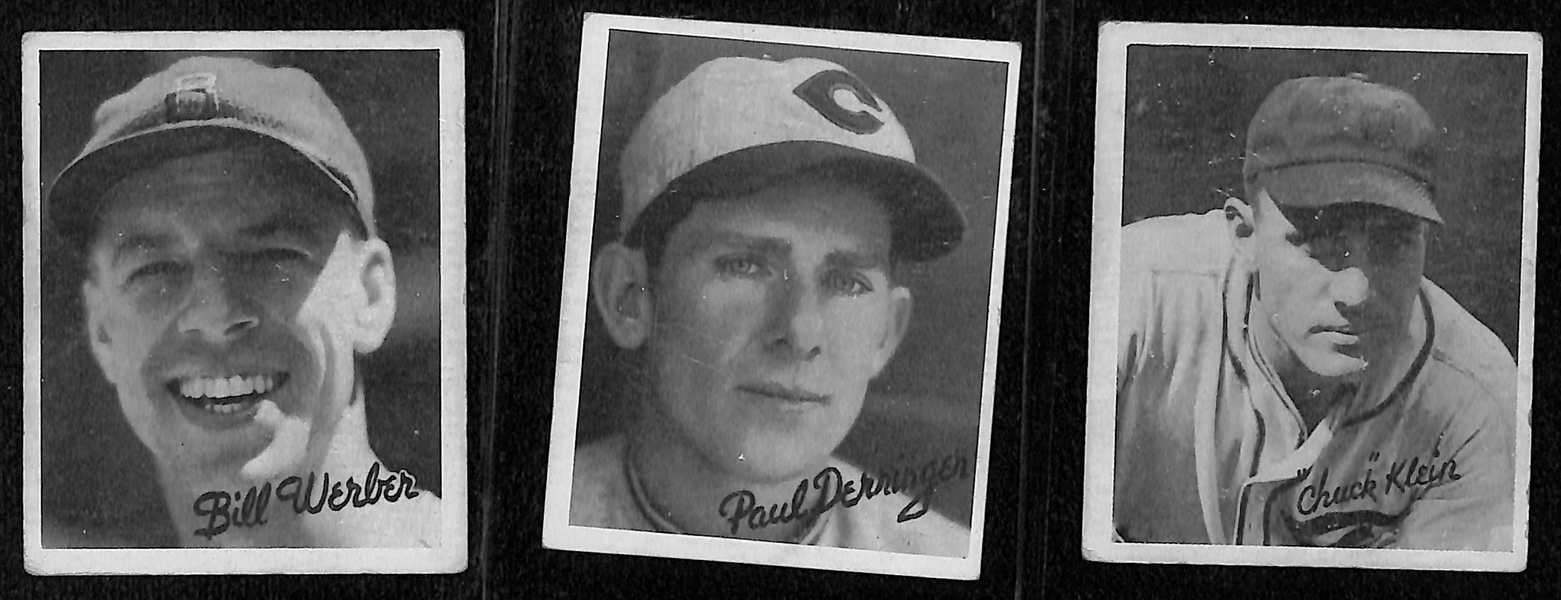 Lot of (9) 1936 Goudey R322 Cards with Crosetti, Dykes, Klein, Werber, Derringer, Bonura, Pepper Martin, Hemsley, Camilli. 