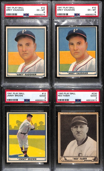 Lot of (4) Graded Play Ball Cards - (2) 1941 Arky Vaughan PSA 6, 1941 Jimmy Brown PSA 2, 1940 Red Faber PSA 2