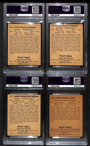 Lot of (4) Graded Play Ball Cards - (2) 1941 Arky Vaughan PSA 6, 1941 Jimmy Brown PSA 2, 1940 Red Faber PSA 2