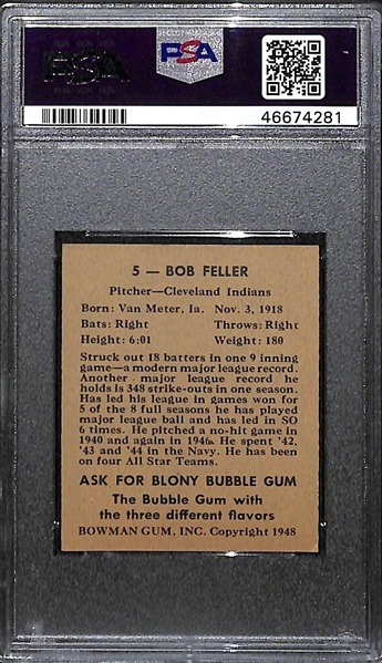 1948 Bowman Bob Feller Rookie Card Graded PSA 5
