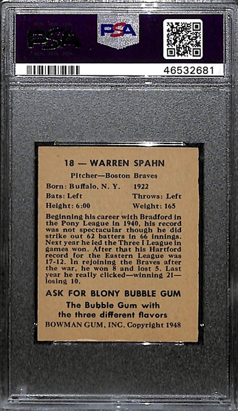 1948 Bowman Warren Spahn Rookie Card Graded PSA 5