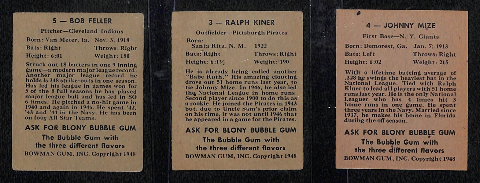 Lot of (13) 1948 Bowman Baseball Cards w. Feller, Kiner, and Mize