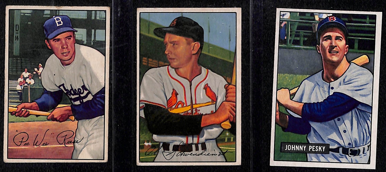 Lot of (3) 1951 Bowman Cards w. Pee Wee Reese, Red Schoendienst, and Johnny Pesky