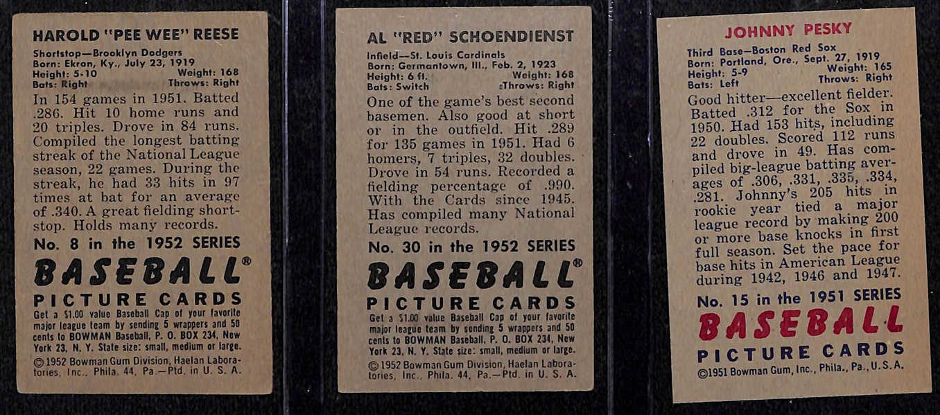 Lot of (3) 1951 Bowman Cards w. Pee Wee Reese, Red Schoendienst, and Johnny Pesky