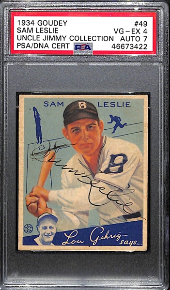 1934 Goudey Sam Leslie #49 PSA 4 (Autograph Grade 7) - Pop 2 (None Graded Higher, Only 4 PSA Graded), d. 1979