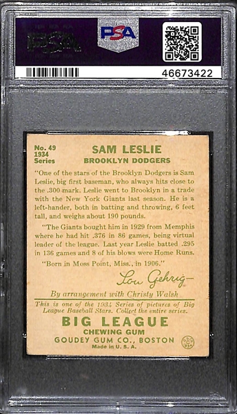 1934 Goudey Sam Leslie #49 PSA 4 (Autograph Grade 7) - Pop 2 (None Graded Higher, Only 4 PSA Graded), d. 1979