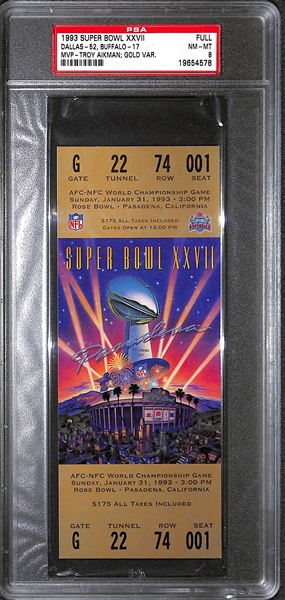 1993 Super Bowl XXVII Ticket Dallas vs. Buffalo Gold Variation PSA 8