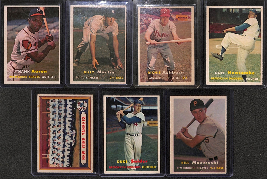 Lot of (7) 1957 Topps Baseball Cards w. Aaron, Martin, Ashburn, Newcombe, Snider, Mazeroski, Yankees Team
