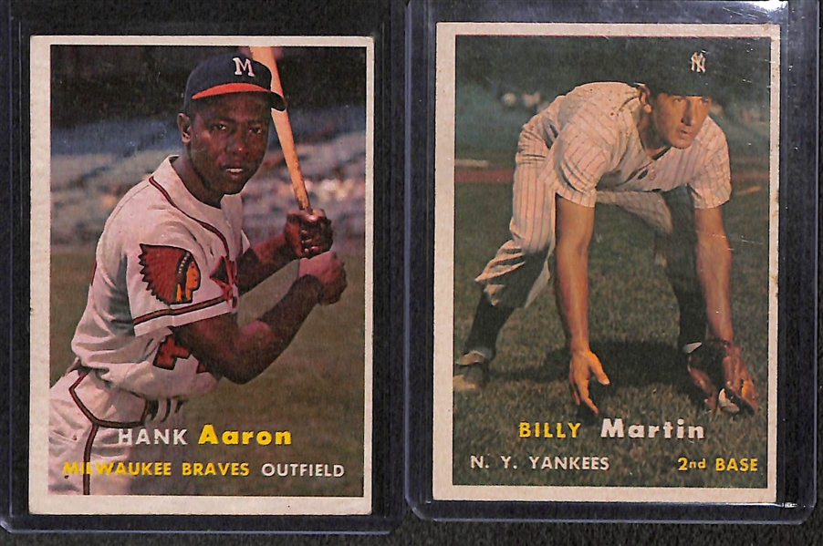 Lot of (7) 1957 Topps Baseball Cards w. Aaron, Martin, Ashburn, Newcombe, Snider, Mazeroski, Yankees Team