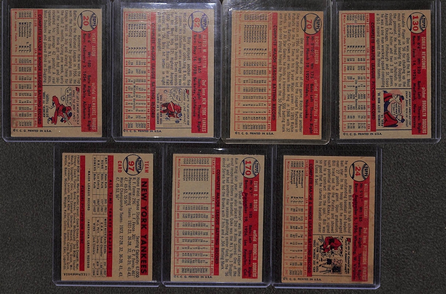 Lot of (7) 1957 Topps Baseball Cards w. Aaron, Martin, Ashburn, Newcombe, Snider, Mazeroski, Yankees Team