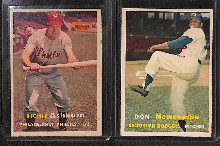 Lot of (7) 1957 Topps Baseball Cards w. Aaron, Martin, Ashburn, Newcombe, Snider, Mazeroski, Yankees Team