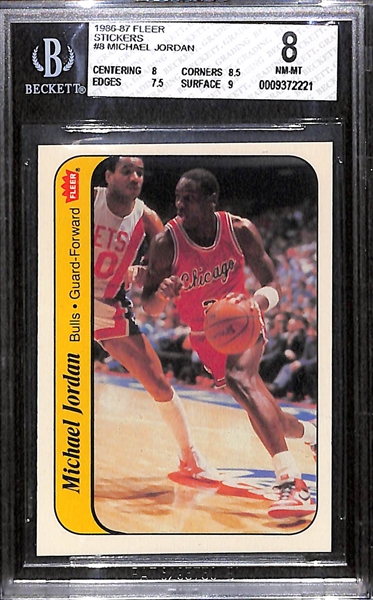 1986-87 Fleer Basketball Michael Jordan Rookie Sticker #8 BGS 8 - Great Eye Appeal!