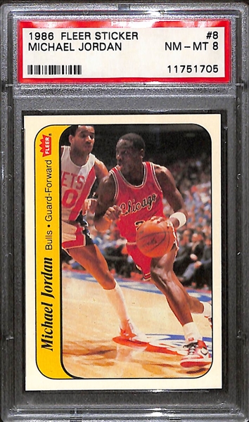 1986-87 Fleer Basketball Michael Jordan Rookie Sticker #8 PSA 8 - Great Eye Appeal!