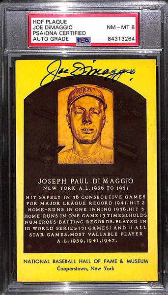 Joe DiMaggio Signed Baseball HOF Plaque Card - PSA/DNA Encased w. Autograph Grade 8