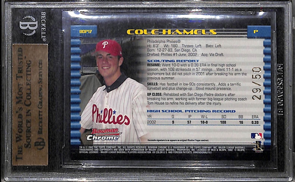 2002 Bowman Draft Picks Chrome Gold Refractor Cole Hamels Rookie Card #29/50 BGS 9.5