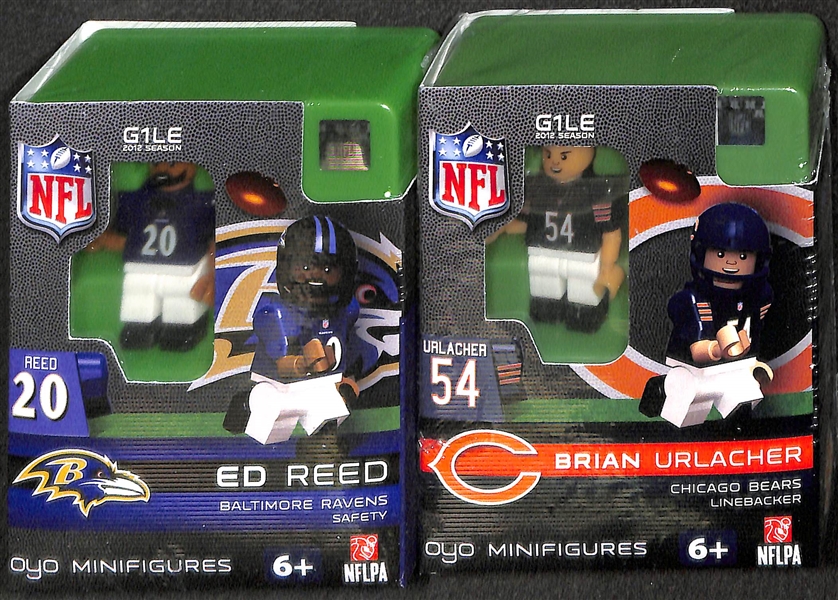 Lot of (7) Oyo Minifigures New in Boxes w. (2) Tom Brady, Gronkowski, Ed Reed, B. Urlacher, Woodhead, Welker