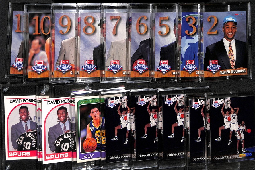 Lot of (16) Basketball Rookie Cards w. (5) UD Trade Shaquille O'Neal, 1988 Fleer John Stockton, (2) NBAHoops David Robinson Rookies, +