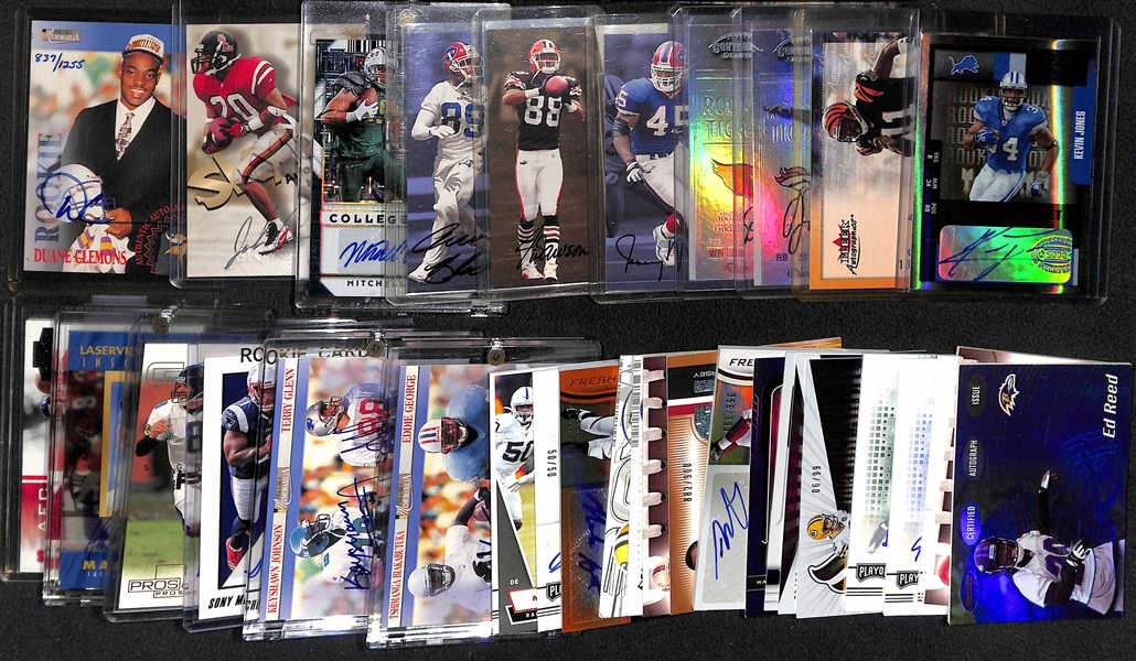 (34) Football Autograph Cards  w. Bowman's Best Ed Reed Rookie, T. Gonzalez, Eddie George, Keyshawn Johnson, S. Michel Rookie Ticket #/24, Jacob Eason #/50