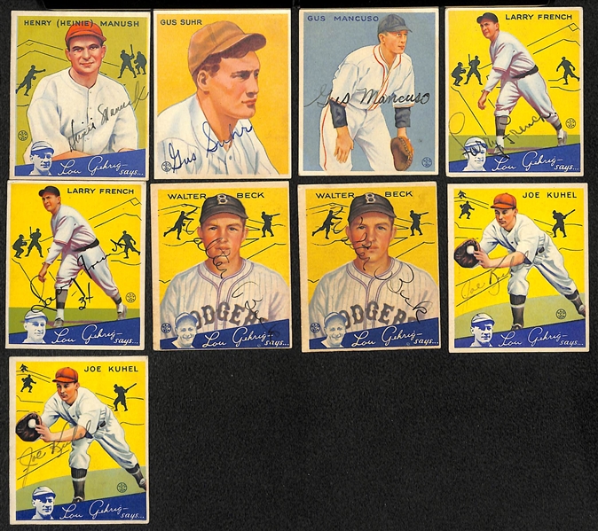 (17) Secretarial (Non-Authentic) Signed 1934 Goudey Cards w. Manush, Suhr, Mancuso, (2) French, (2) Beck, (2) Kuhel, +