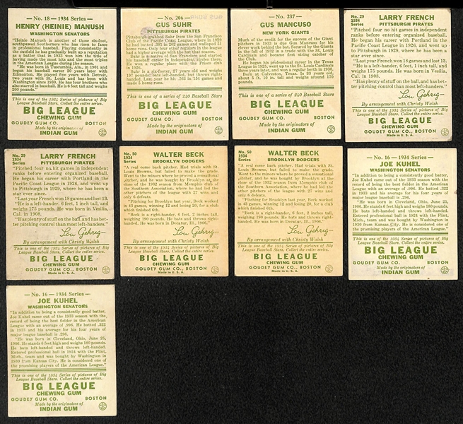 (17) Secretarial (Non-Authentic) Signed 1934 Goudey Cards w. Manush, Suhr, Mancuso, (2) French, (2) Beck, (2) Kuhel, +
