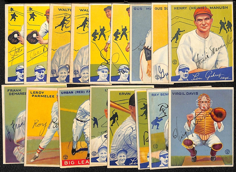 (17) Secretarial (Non-Authentic) Signed 1934 Goudey Cards w. Manush, Suhr, Mancuso, (2) French, (2) Beck, (2) Kuhel, +