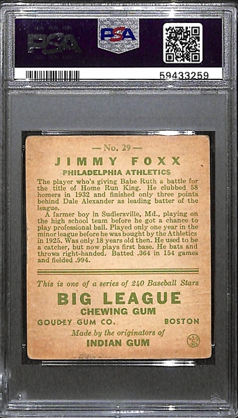 1933 Goudey Jimmy (Jimmie) Foxx #29 Graded PSA 1 (Presents Better Than the Grade)