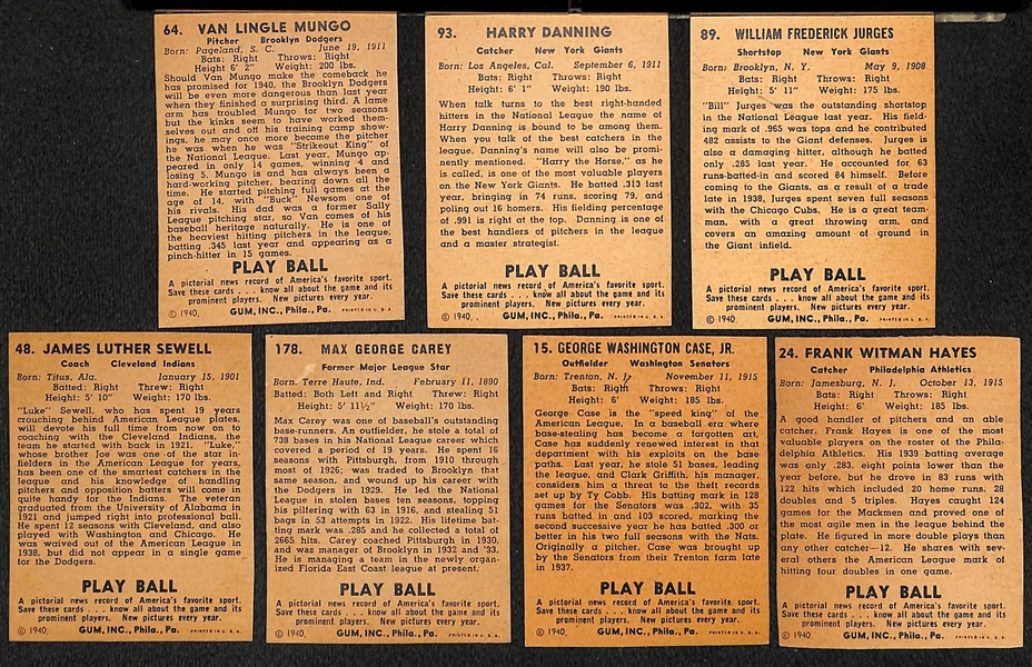 Lot of (50) Authentic/Trimmed 1940 Play Ball Cards w. Mungo, Danning, Jurges, Luke Sewell, Carey, Case, Hayes, +