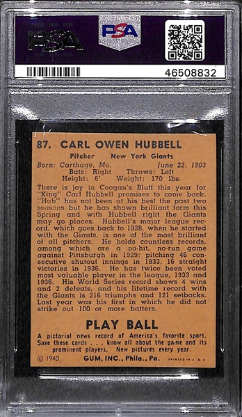 1940 Play Ball Carl Hubbell #87 PSA Authentic (Autograph Grade 10)