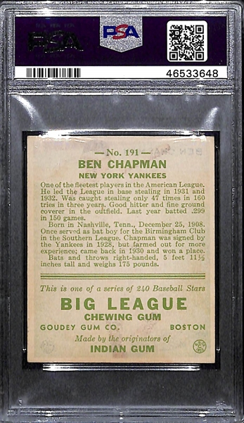1933 Goudey Ben Chapman #191 PSA 5 (Autograph Grade 8) - Pop 1 (Highest Grade of 7 PSA Examples!), d. 1993