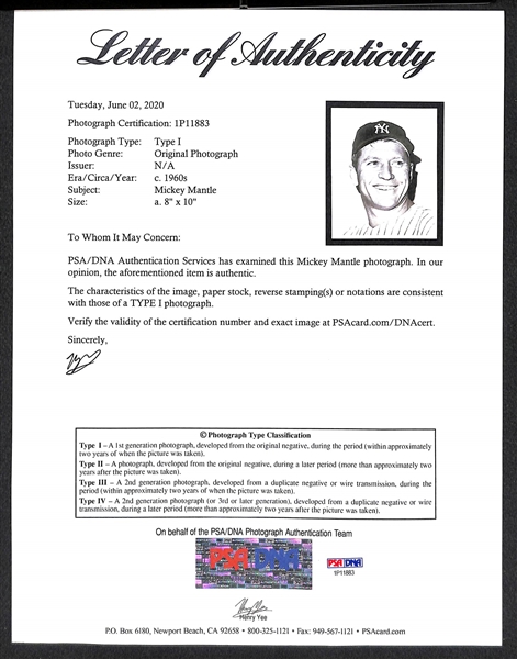 Original c. 1960s Mickey Mantle Type 1 Photo  (8x10) - PSA/DNA Letter of Authenticity