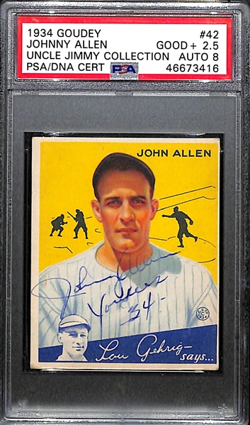 Rare (1/1) 1934 Goudey Johnny Allen #42 PSA 2.5 (Autograph Grade 8) - ONLY ONE PSA GRADED - Pop 1, d. 1959