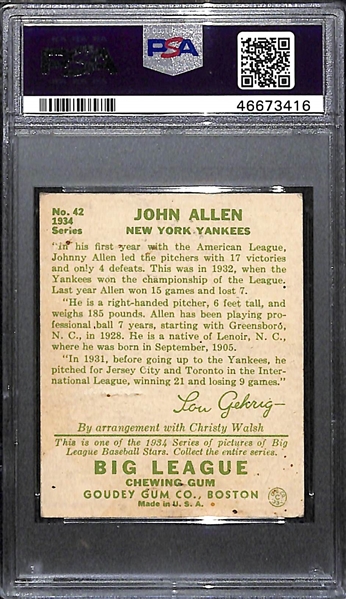 Rare (1/1) 1934 Goudey Johnny Allen #42 PSA 2.5 (Autograph Grade 8) - ONLY ONE PSA GRADED - Pop 1, d. 1959