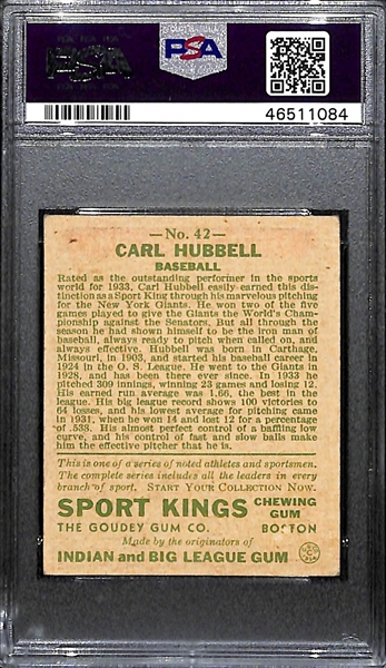 1933 Sport Kings Carl Hubbell #42 PSA 5 (Autograph Grade 8) - Pop 1 (Highest Grade, Only Non-Authentic of 5 PSA Examples