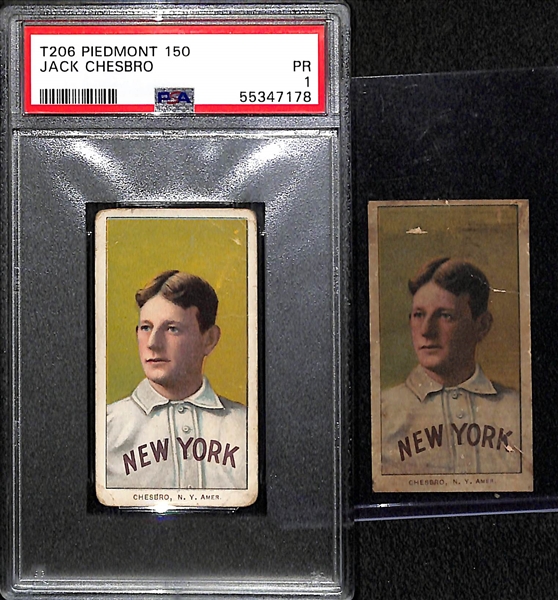 (2) 1909-11 T206 Jack Chesbro, NY Yankees (HOF) Tobacco Cards - (1) PSA 1 and (1) Authentic/Trimmed