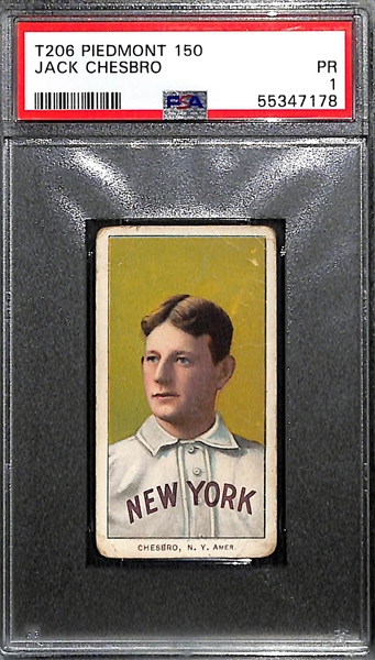 (2) 1909-11 T206 Jack Chesbro, NY Yankees (HOF) Tobacco Cards - (1) PSA 1 and (1) Authentic/Trimmed