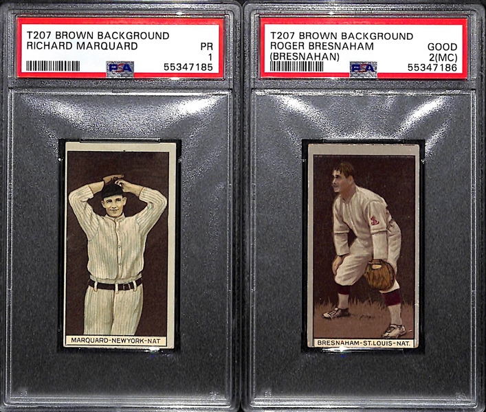1912 T207 Recruit Little Cigars Rube Marquard (PSA 1) & Roger Bresnaham (PSA 2MC)