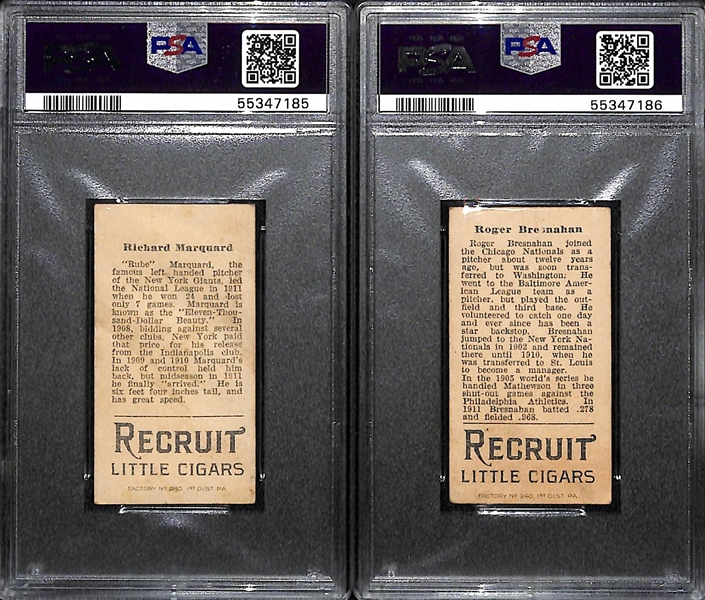 1912 T207 Recruit Little Cigars Rube Marquard (PSA 1) & Roger Bresnaham (PSA 2MC)