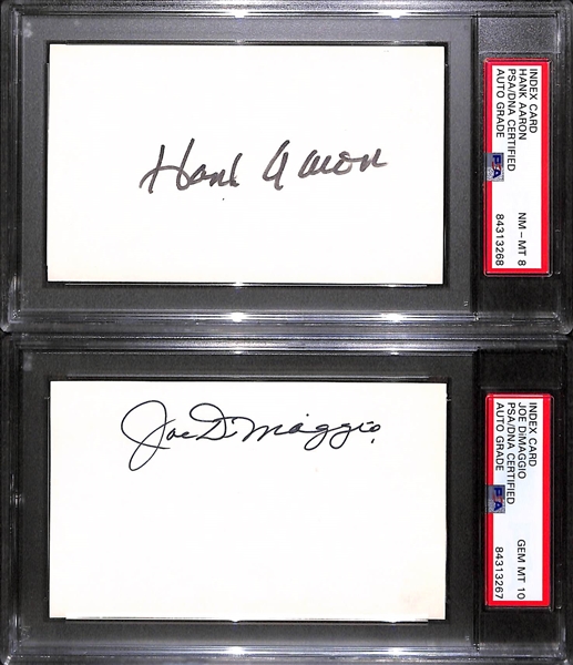 Lot of (2) PSA/DNA-Encased Signed Index Cards - Hank Aaron (Auto Grade 8) & Joe DiMaggio (Auto Graded 10)