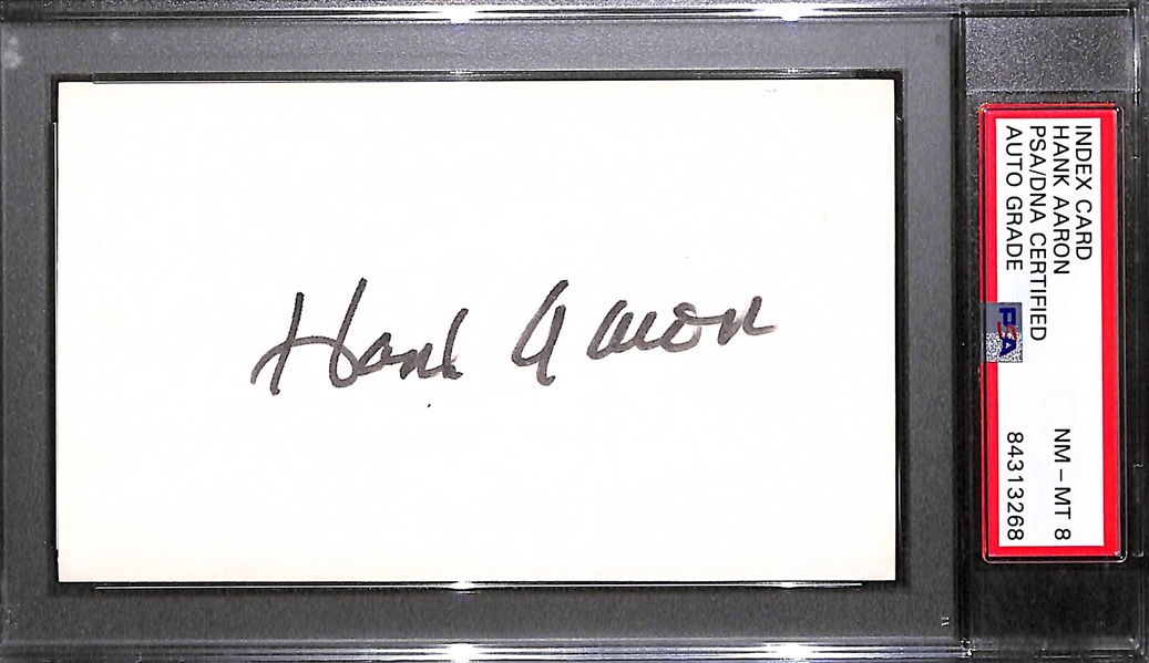 Lot of (2) PSA/DNA-Encased Signed Index Cards - Hank Aaron (Auto Grade 8) & Joe DiMaggio (Auto Graded 10)