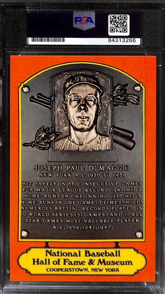 Lot of (2) Joe DiMaggio Signed Baseball HOF Plaque Cards (1 Signed on Front; 1 on Back) - PSA/DNA Encased (Auto Grades 8 and 9)
