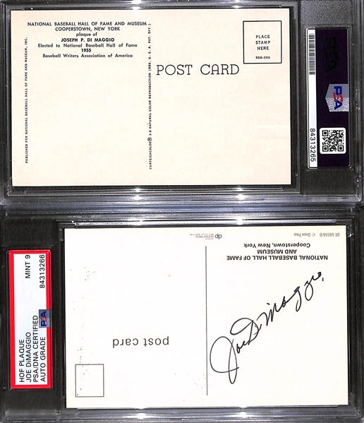 Lot of (2) Joe DiMaggio Signed Baseball HOF Plaque Cards (1 Signed on Front; 1 on Back) - PSA/DNA Encased (Auto Grades 8 and 9)