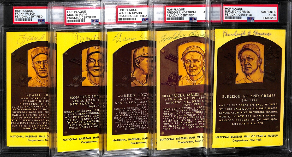 Lot of (5) PSA/DNA Slabbed HOF Plaque Cards - Frisch, Irvin, Spahn, Lindstrom, Grimes