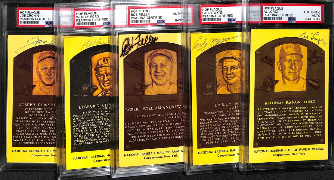 Lot of (5) PSA/DNA Slabbed HOF Plaque Cards - Cronin, Ford, Feller, Wynn, Lopez 