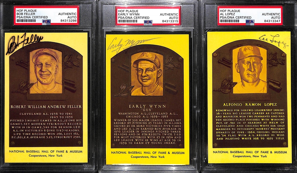 Lot of (5) PSA/DNA Slabbed HOF Plaque Cards - Cronin, Ford, Feller, Wynn, Lopez 