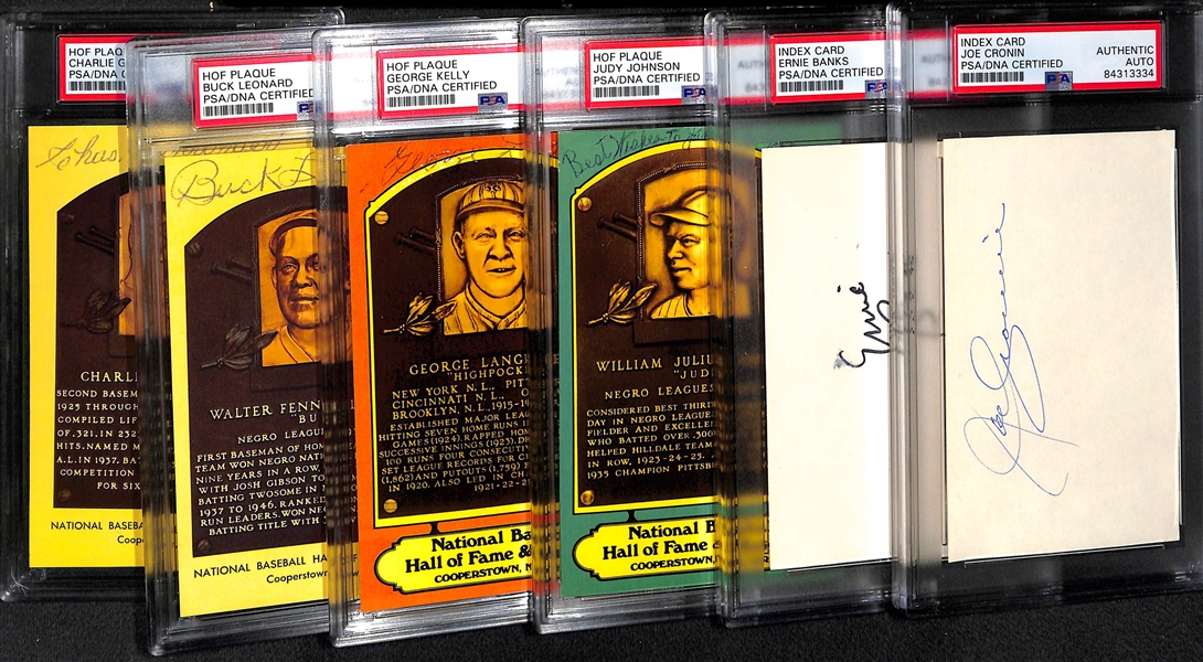 Lot of (6) PSA/DNA Slabbed HOF Autographs - 4 Plaque Cards (Gehringer, Leornard, Kelly, J. Johnson), 2 Index Cards (Banks, Cronin)
