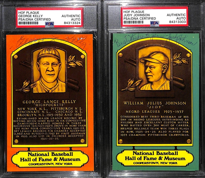 Lot of (6) PSA/DNA Slabbed HOF Autographs - 4 Plaque Cards (Gehringer, Leornard, Kelly, J. Johnson), 2 Index Cards (Banks, Cronin)