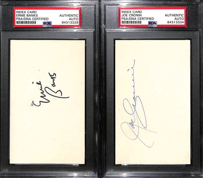 Lot of (6) PSA/DNA Slabbed HOF Autographs - 4 Plaque Cards (Gehringer, Leornard, Kelly, J. Johnson), 2 Index Cards (Banks, Cronin)